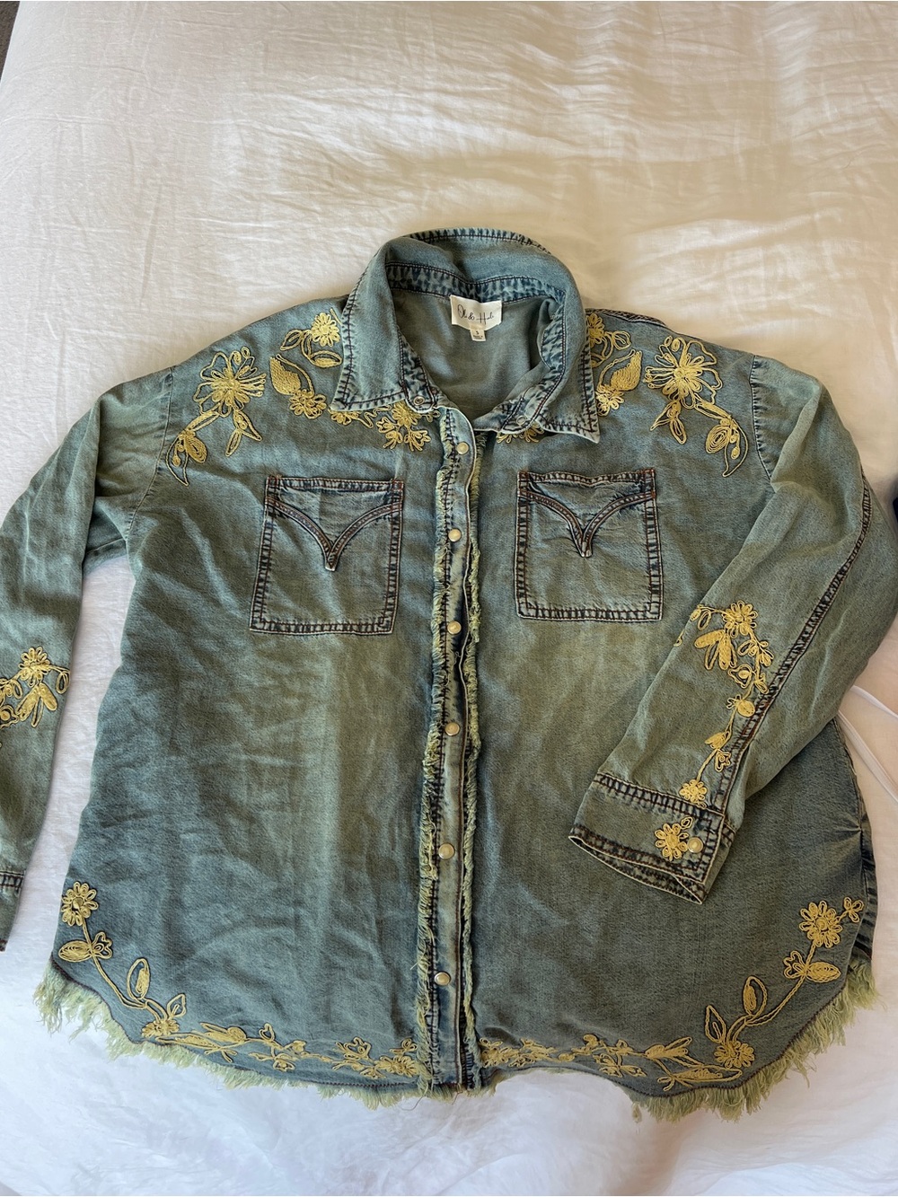 Oli & hali blue denim n button down top with yellow embroidery - Picture 1 of 10